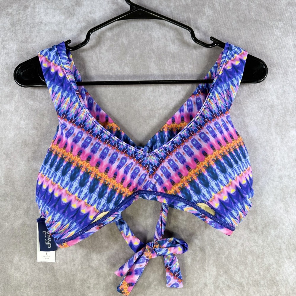 Vibrant Ikat Women‎ Small Tie-Dye Halter V-Neck Bikini Top Boho Festival Multi